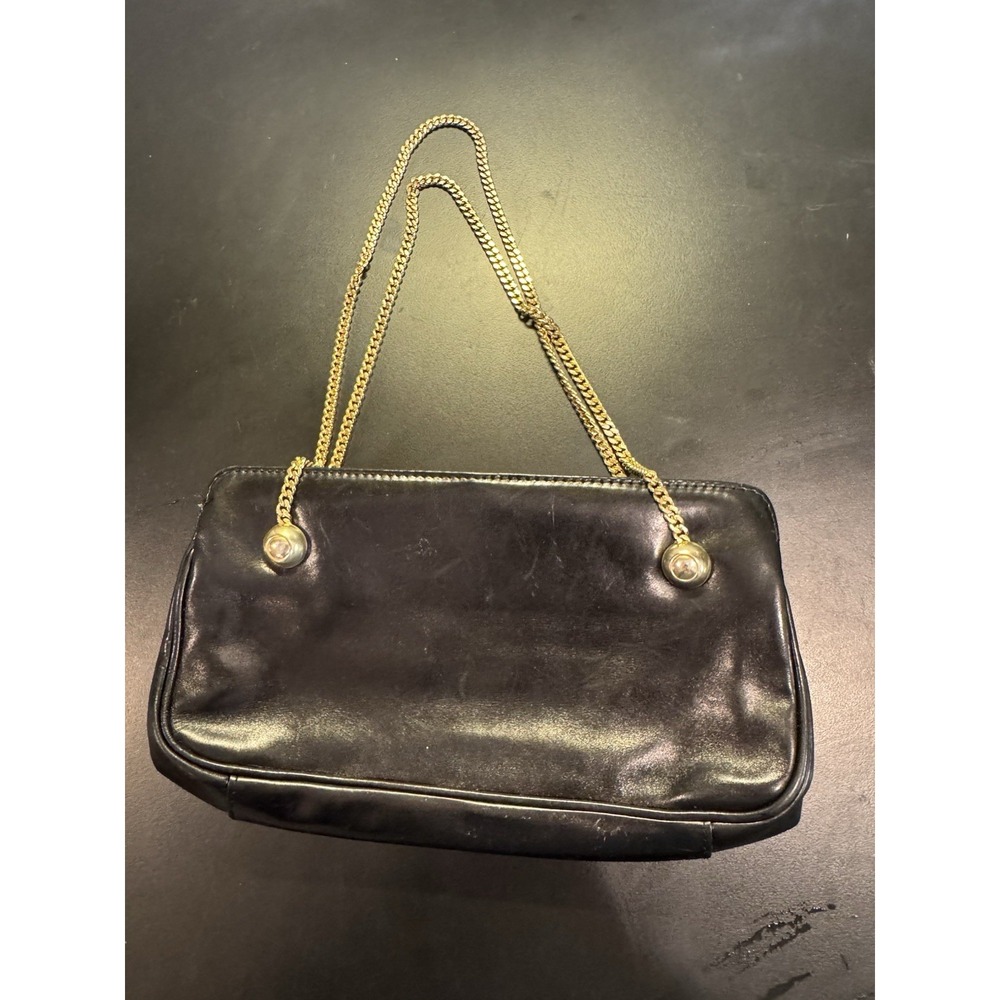 Vintage Black‎ Leather Franchi Handbag Double Gold Chain Handles Clasp